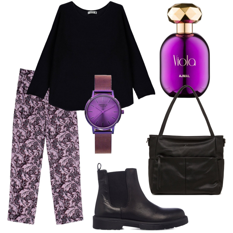 Outfit donna - Total look #1777749. Stile Casual chic per Tutti i giorni. Abbinamento con profumi, maglieria, pantaloni, stivaletti, borse a tracolla, orologio.