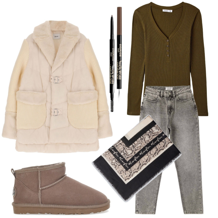 Outfit donna - It\'s me. Stile Trendy per Tutti i giorni. Abbinamento con eyeliner, jeans mom, maglieria, blazer, stivaletti, foulard.
