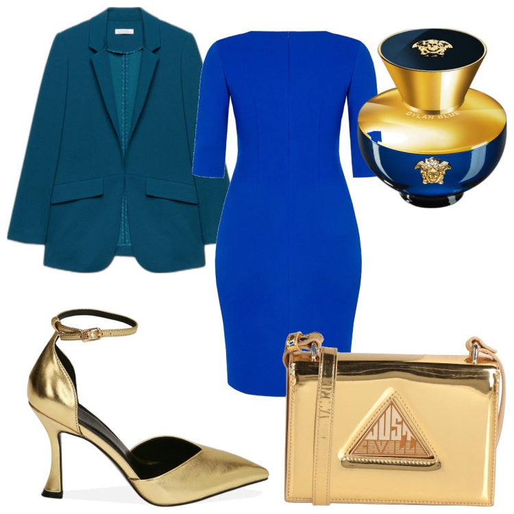 Outfit donna - Natale in oro e blu. Stile Glamour per Serata fuori. Abbinamento con borse a tracolla, profumi, vestiti midi/longuette, décolleté, blazer.