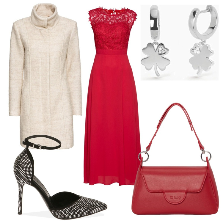 Outfit donna - Capodanno in rosso. Stile Glamour per Serata fuori. Abbinamento con cappotti, vestiti lunghi, orecchini, décolleté, borse a spalla.