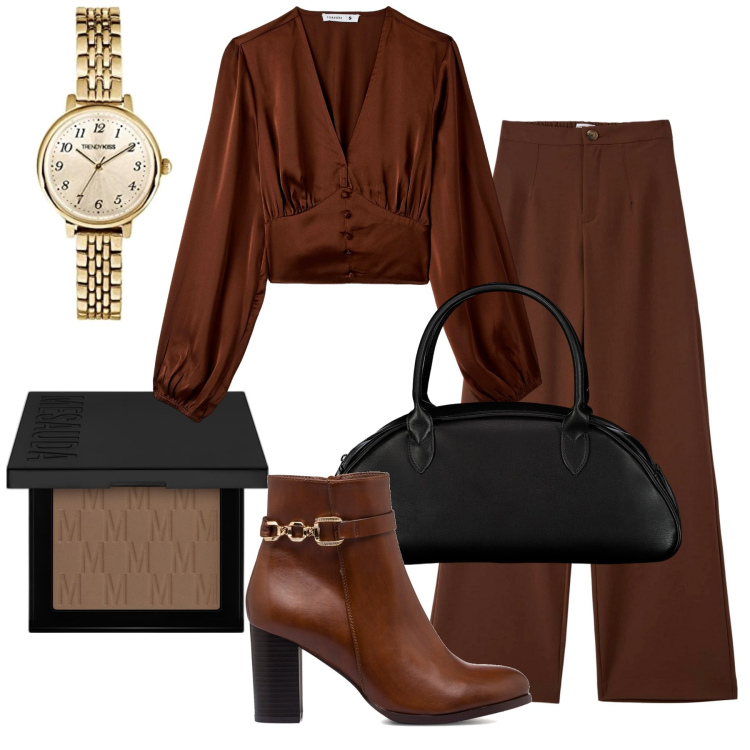 Outfit donna - Glamour- Blusa in raso marrone. Stile Glamour per Serata fuori. Abbinamento con terre, bluse, pantaloni, stivaletti, borse a spalla, orologi analogici.