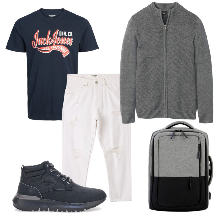 Outfit uomo - Total look #1777793. Stile Casual per Tutti i giorni. Abbinamento con cardigans, jeans strappati, borse sportive, t-shirt, sneakers alte.