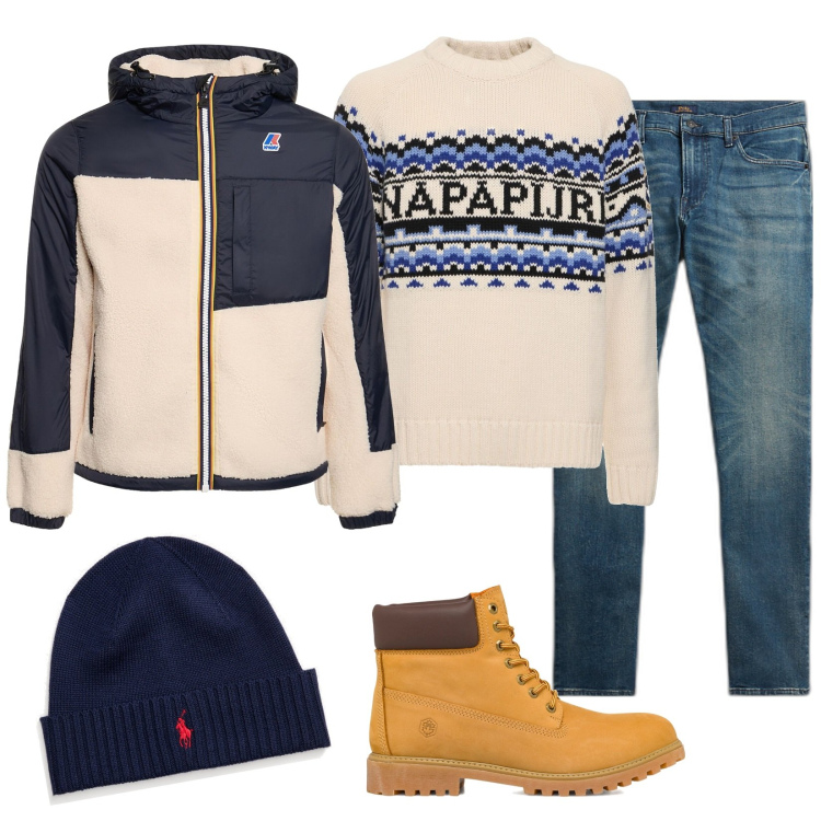 Outfit uomo - Direzione montagna. Stile Casual per Tutti i giorni. Abbinamento con berretti, jeans, stivali e stivaletti, maglieria, cappotti.