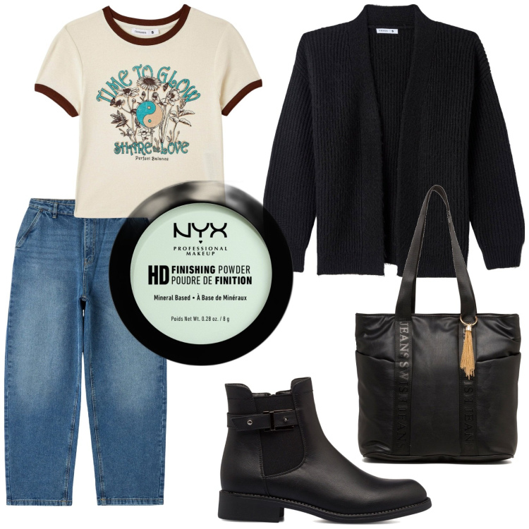 Outfit donna - Total look #1777798. Stile Urban per Tutti i giorni. Abbinamento con ciprie, t-shirt, cardigans, jeans, borse a spalla, stivaletti.