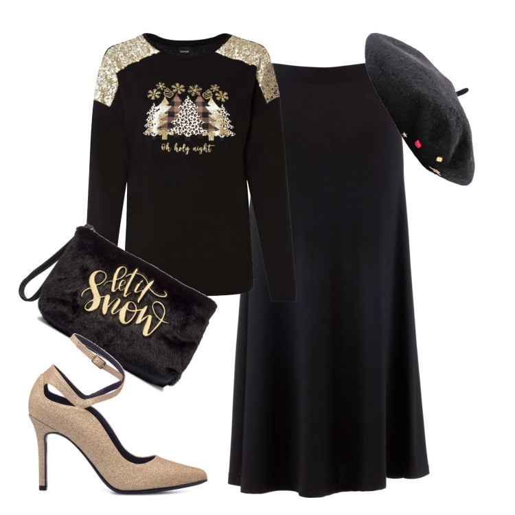 Outfit donna - Oro nero. Stile Glamour per Serata fuori. Abbinamento con cappelli e berretti, maglieria, gonne, pochette, décolleté.