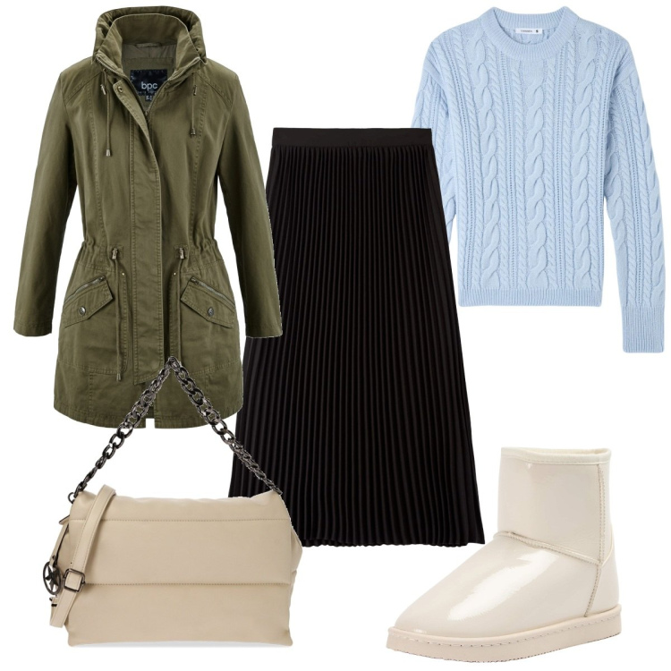 Outfit donna - Total look #1777835. Stile Trendy per Tutti i giorni. Abbinamento con parka, maglieria, gonne longuette, stivaletti, borse a spalla.