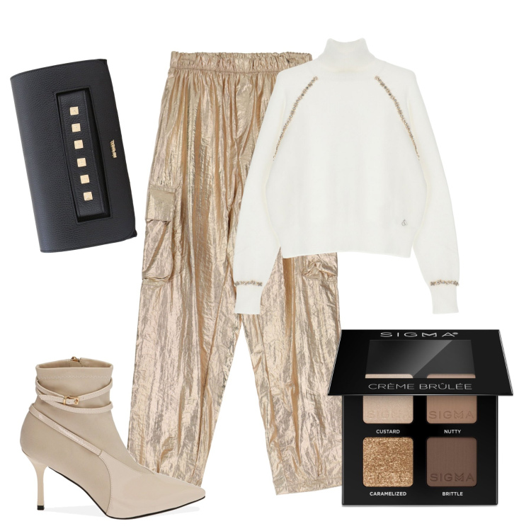 Outfit donna - L’oro che fa natale. Stile Trendy per Serata fuori. Abbinamento con ombretti, pantaloni, pochette, stivaletti, maglieria.