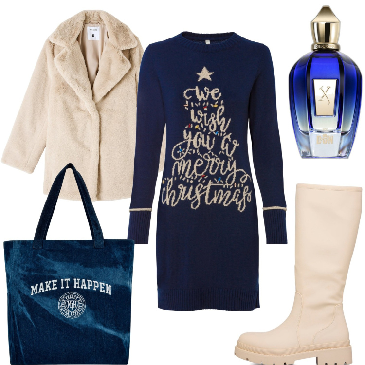 Outfit donna - Make It happen. Stile Trendy per Tutti i giorni. Abbinamento con vestiti, ecopellicce, profumi, shopping bag, stivali.