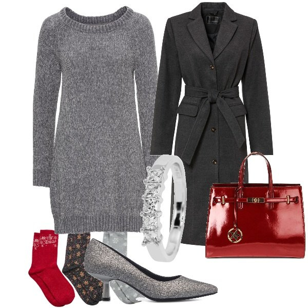 Outfit donna - Combo grigio + rosso. Stile Trendy per Ufficio. Abbinamento con vestiti, cappotti, calzini, borse a mano, décolleté, anelli.
