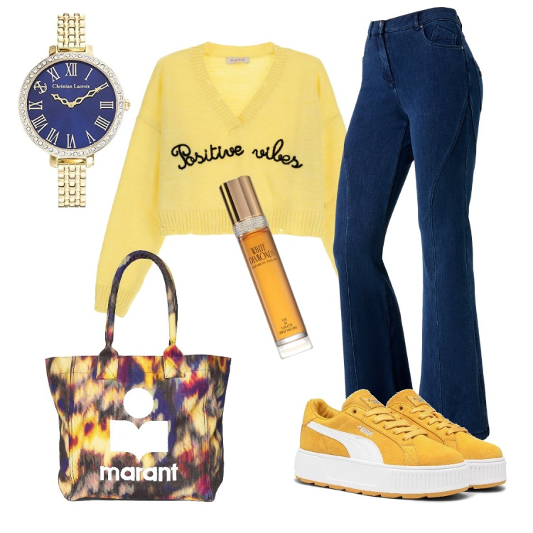 Outfit donna - Energica in giallo. Stile Urban per Scuola/Università. look ideale per Petite. Abbinamento con profumi, maglieria, jeans a zampa, sneakers, orologi analogici, shopping bag.