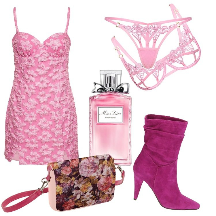 Outfit donna - Xmas Rose - Dicembre. Stile Sexy per Serata fuori. Abbinamento con profumi, stivaletti, reggiseni, vestiti, perizomi, borse a spalla.