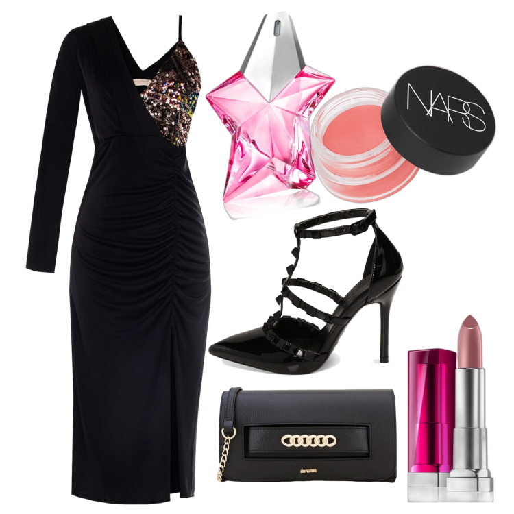 Outfit donna - Stella. Stile Glamour per Serata fuori. Abbinamento con rossetti, blush, profumi, vestiti asimmetrici, pochette, décolleté.