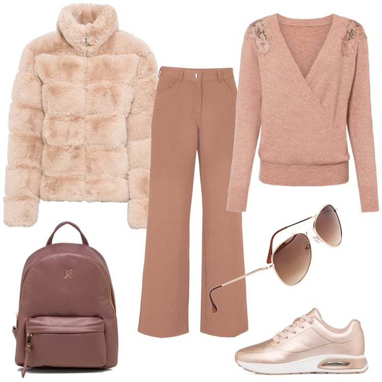 Outfit donna - Colori caldi. Stile Sporty chic per Scuola/Università. Abbinamento con maglieria, occhiali da sole, pantaloni, ecopellicce, sneakers alte, zaini.