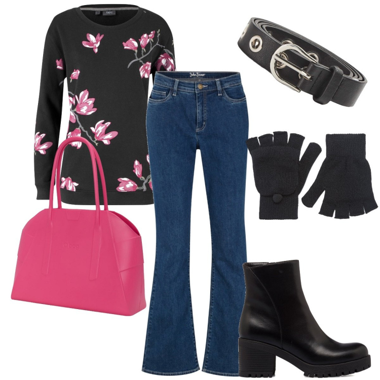 Outfit donna - Casual con un po’ di colore. Stile Casual per Tutti i giorni. Abbinamento con felpe, jeans bootcut, guanti, cinture, stivaletti, borse a spalla.