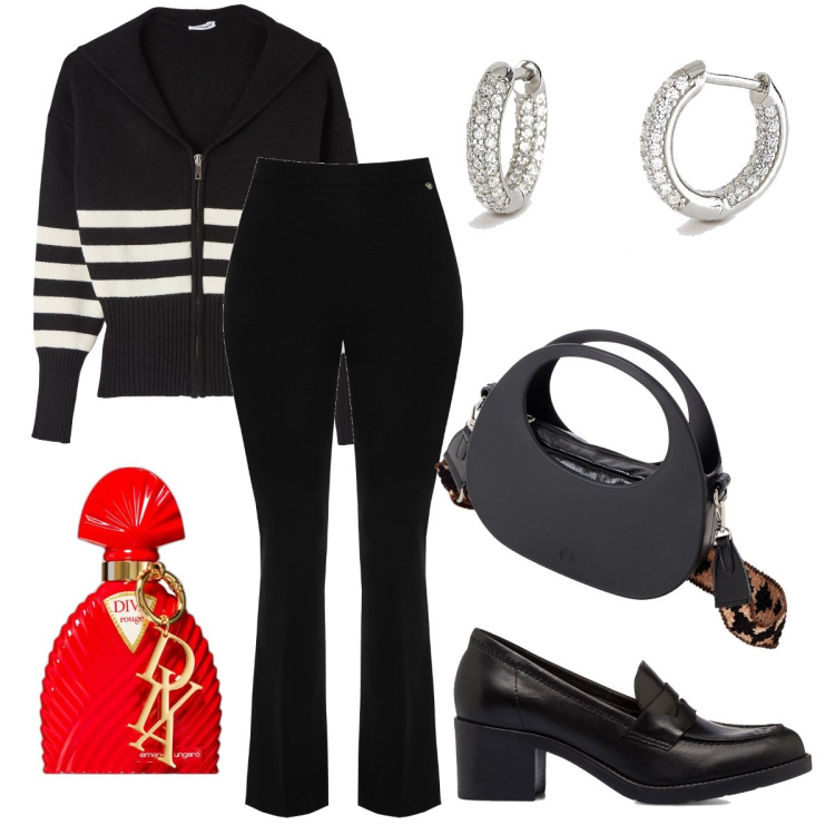 Outfit donna - Il cardigan con le righe. Stile Mannish per Serata fuori. Abbinamento con profumi, orecchini, pantaloni, maglieria, mocassini, borse a spalla.