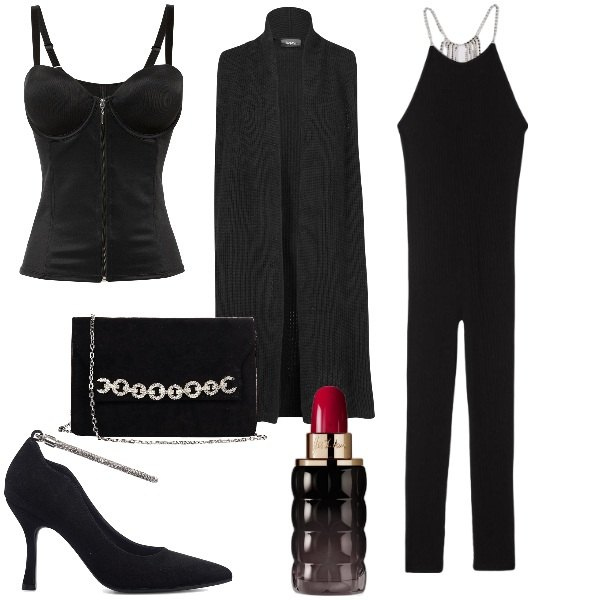 Outfit donna - Jumpsuit per le feste. Stile Glamour per Serata fuori. Abbinamento con maglieria, body, profumi, tute, pochette, décolleté.