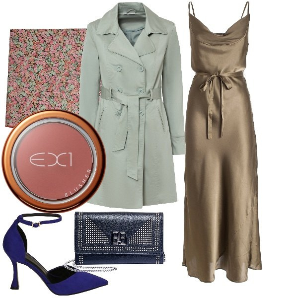 Outfit donna - Total look #1778004. Stile Chic per Serata fuori. Abbinamento con trench, blush, vestiti lunghi, portafogli, décolleté, sciarpe.