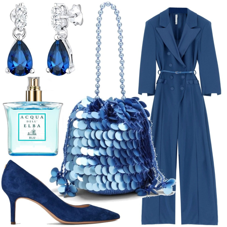 Outfit donna - Raffinata in blu. Stile Chic per Cerimonia. look ideale per Tall. Abbinamento con profumi, tute, décolleté, orecchini, valigie.