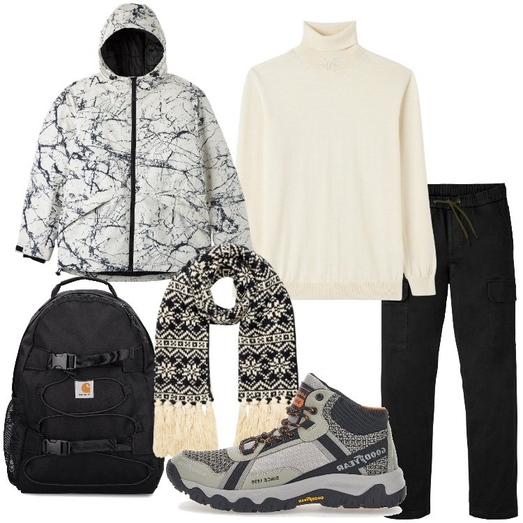 Outfit uomo - Una gita in montagna. Stile Casual per Tutti i giorni. Abbinamento con pantaloni cargo, giacche, maglieria, sciarpe, stivali e stivaletti, borse sportive.