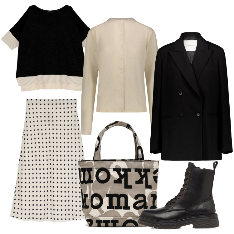 Outfit donna - Una deliziosa gonna a pois. Stile Basic per Serata fuori. Abbinamento con gonne longuette, maglieria, anfibi, cardigans, borse tote, blazer.