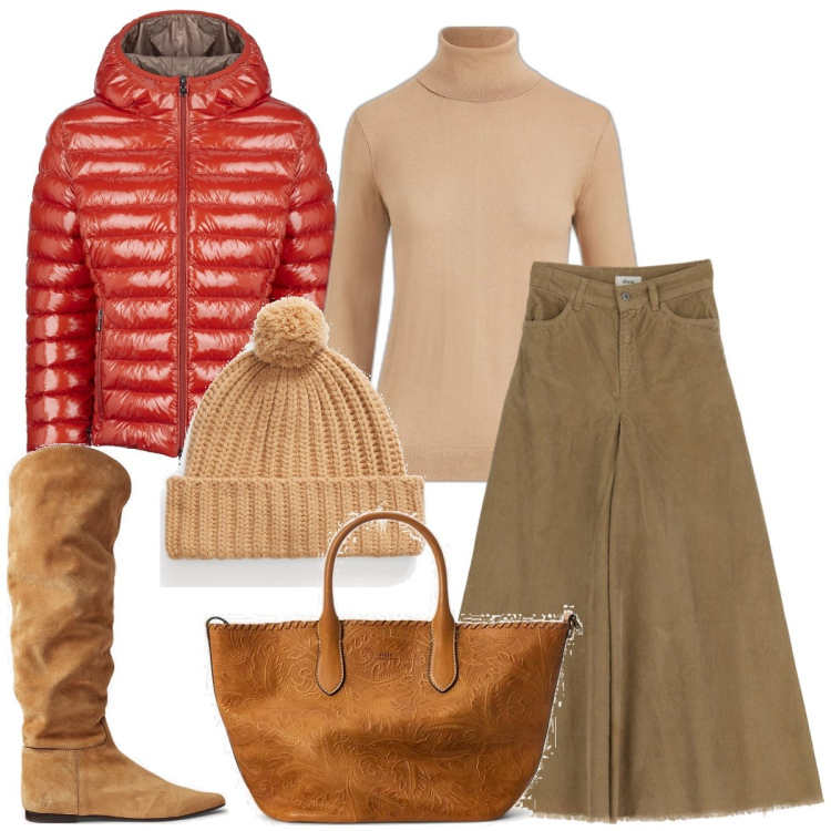 Outfit donna - Giornata fredda. Stile Casual per Tutti i giorni. Abbinamento con gonne lunghe, stivali sopra il ginocchio, berretti, maglieria, borse tote, blazer.