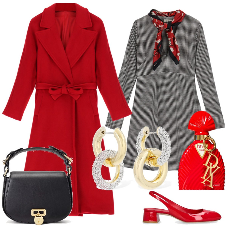 Outfit donna - Natale bon ton. Stile Bon Ton per Serata fuori. Abbinamento con profumi, cappotti, vestiti corti, borse a tracolla, orecchini, décolleté.
