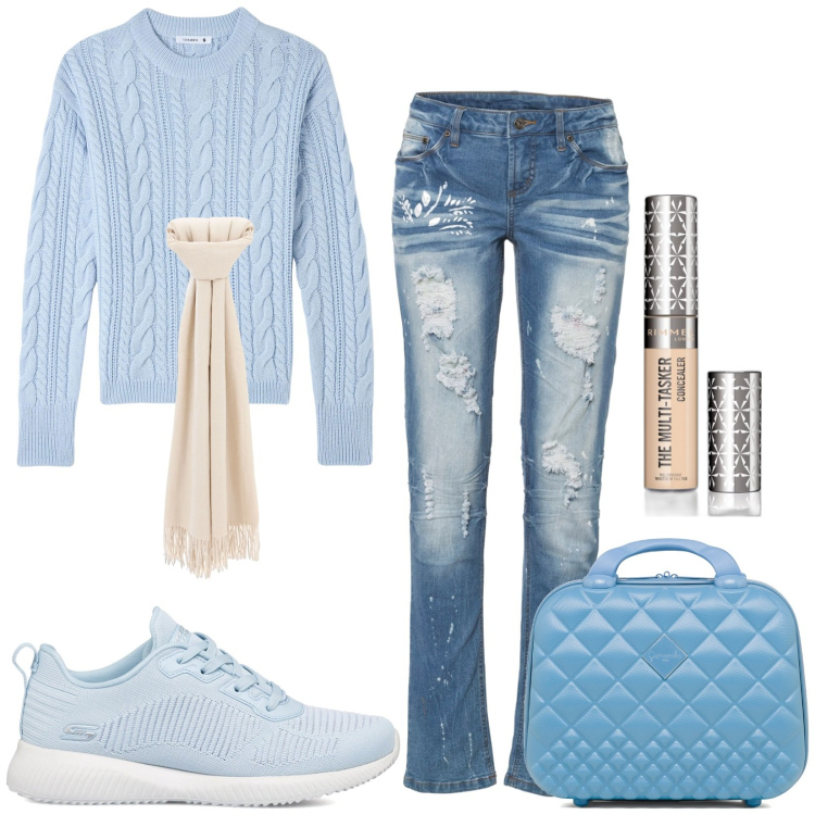 Outfit donna - Light. Stile Basic per Tutti i giorni. Abbinamento con jeans strappati, correttori, maglieria, sciarpe, valigie, sneakers.