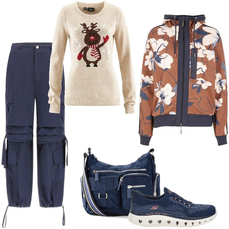 Outfit donna - Io a Natale - Dicembre. Stile Trendy per Serata fuori. Abbinamento con borse a tracolla, felpe, maglieria, pantaloni cargo, sneakers.