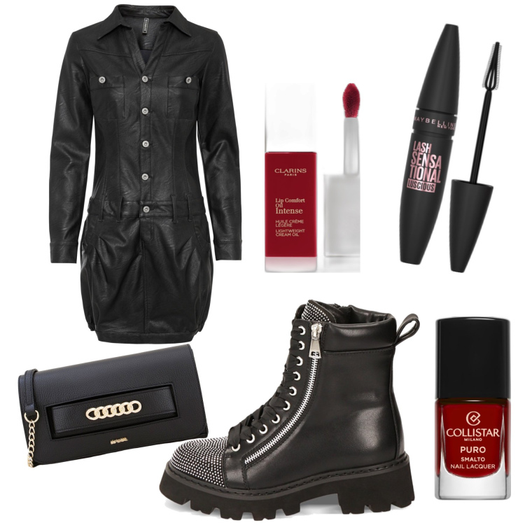 Outfit donna - Stile rock. Stile Rock per Serata fuori. Abbinamento con vestiti, smalti, mascara, gloss, pochette, anfibi.