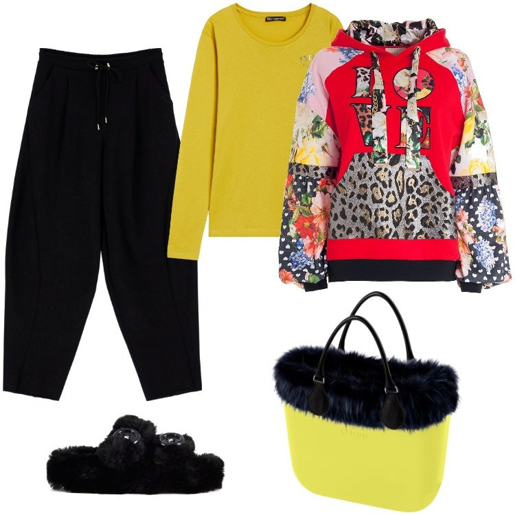 Outfit donna - Mia sorella a Natale - Dicembre. Stile Sporty chic per Serata fuori. Abbinamento con felpe con cappuccio, pantaloni, t-shirt, ciabatte, borse a spalla.