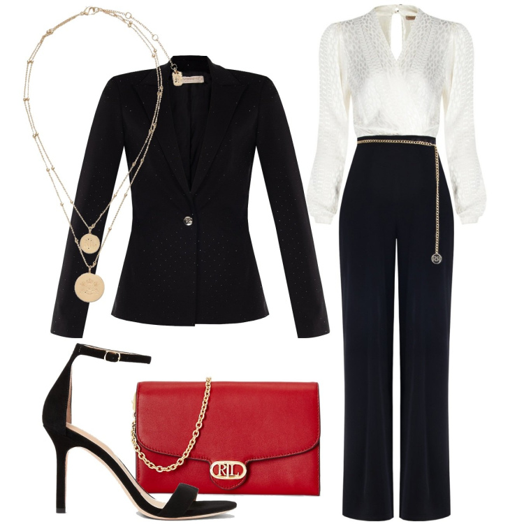 Outfit donna - Eleganza firmata Rinascimento. Stile Chic per Serata fuori. look ideale per Tall. Abbinamento con tute, cappotti, borse a tracolla, ciondoli, sandali col tacco.