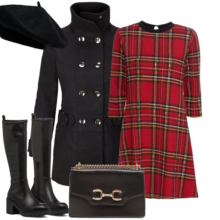 Outfit donna - Total look #1778137. Stile Trendy per Tutti i giorni. Abbinamento con vestiti corti, blazer, stivali sopra il ginocchio, borse a tracolla, cappelli e berretti.