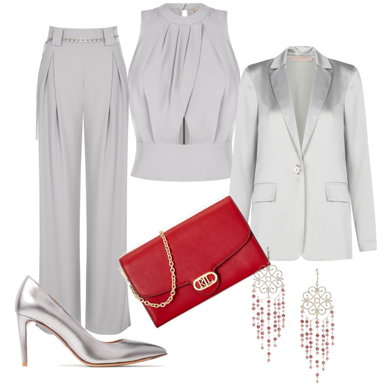 Outfit donna - San Silvestro grigio perla. Stile Chic per Serata fuori. Abbinamento con pantaloni, top, blazer, borse a tracolla, orecchini, décolleté.