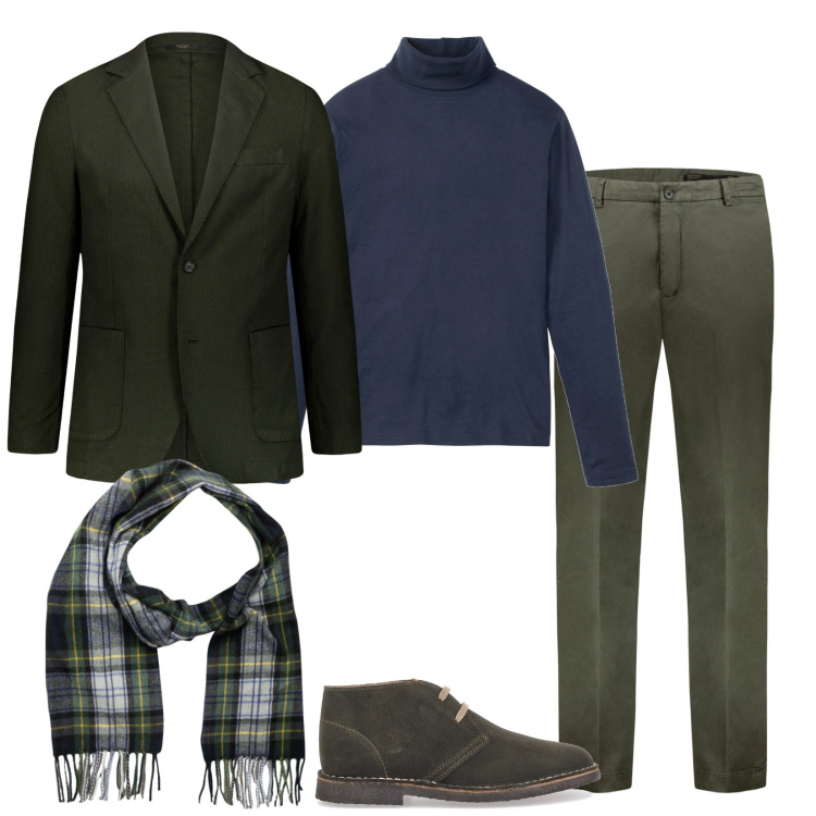 Outfit uomo - Elegantemente in verde e blu. Stile Business/Elegante per Ufficio. Abbinamento con maglieria, giacche, pantaloni, sciarpe, scarpe stringate.