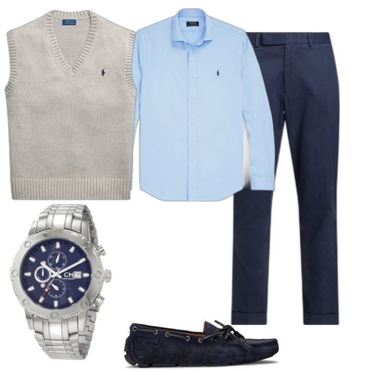 Outfit uomo - Maximilian. Stile Business/Elegante per Ufficio. Abbinamento con scarpe stringate, camicie, maglieria, pantaloni chino, orologi.