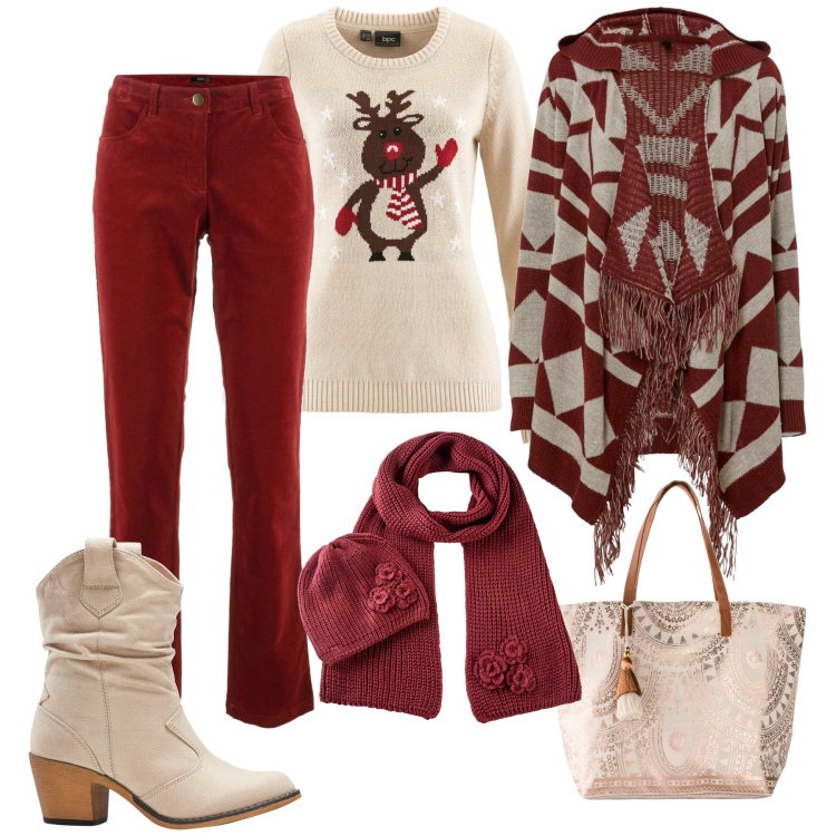 Outfit donna - Auguri tra gli amici. Stile Casual per Tutti i giorni. Abbinamento con pantaloni, stivaletti texani, cardigans, maglieria, sciarpe, shopping bag.