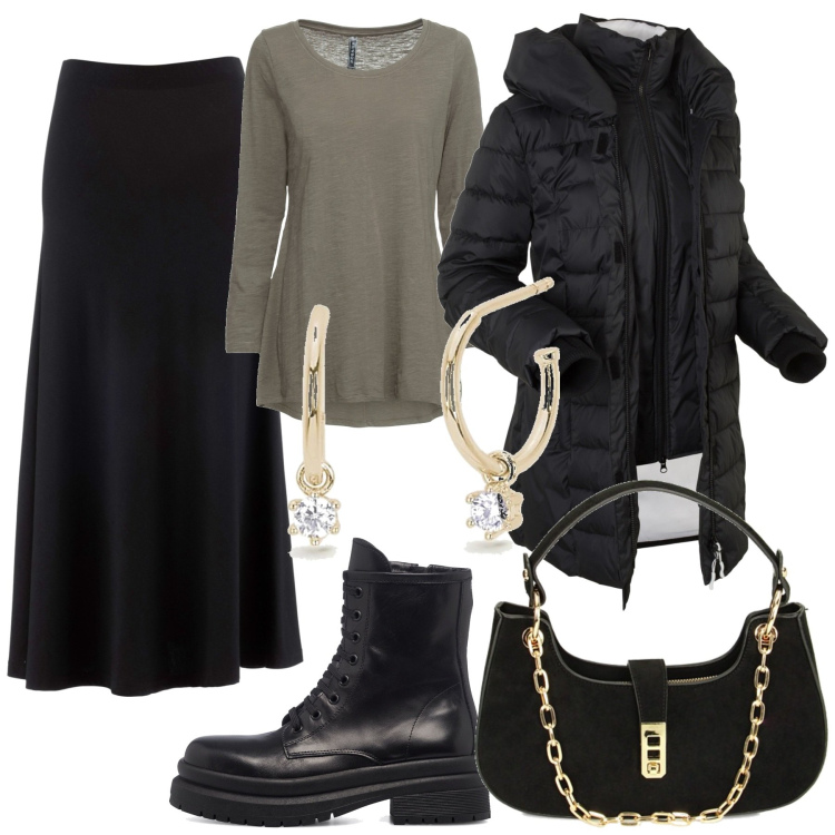 Outfit donna - Look Curvy per le Feste. Stile Trendy per Tutti i giorni. Abbinamento con maglieria, blazer, gonne, orecchini, borse a spalla, anfibi.