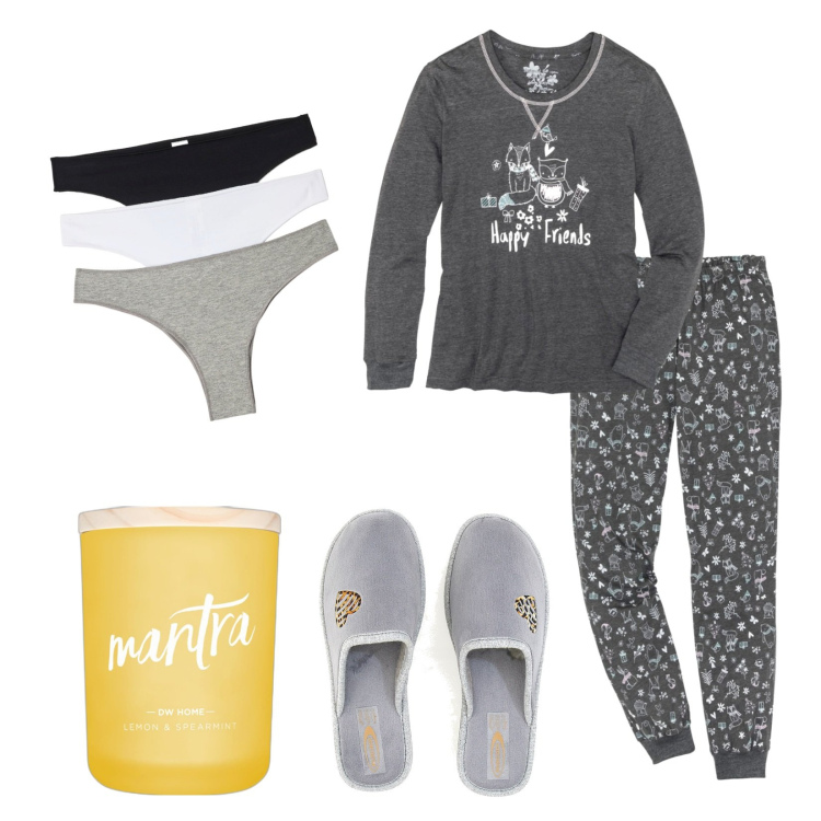Outfit donna - Mantra. Stile Casual per Tutti i giorni. Abbinamento con pigiama, profumi, slip, pantofole.
