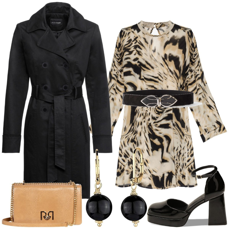 Outfit donna - Animalier. Stile Trendy per Tutti i giorni. Abbinamento con trench, cinture, borse a tracolla, vestiti corti, décolleté, orecchini.