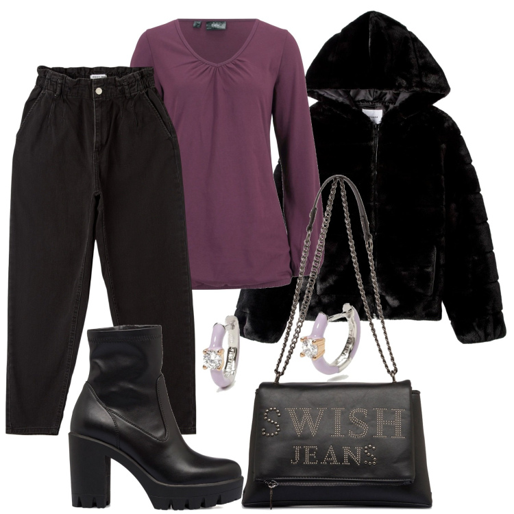 Outfit donna - Nero e Viola. Stile Trendy per Tutti i giorni. Abbinamento con maglieria, jeans, ecopellicce, orecchini, stivaletti, borse a tracolla.