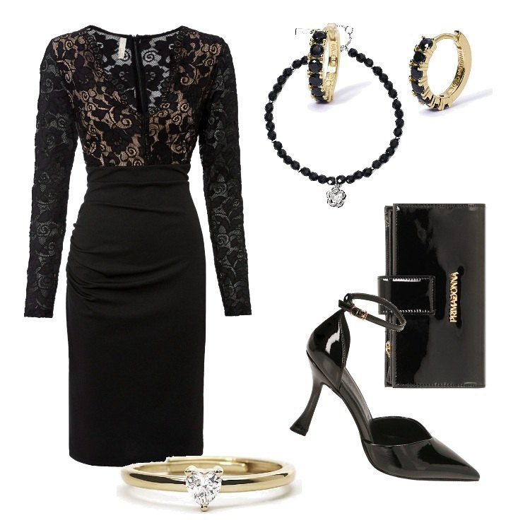 Outfit donna - Xmas Chiacchiere d\'Amore - Dicembre. Stile Romantica per Serata fuori. Abbinamento con vestiti, braccialetti, anelli, orecchini, portafogli, décolleté.