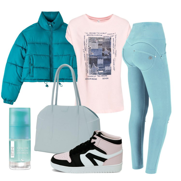 Outfit donna - Total look #1778213. Stile Casual per Tutti i giorni. Abbinamento con maglieria, primer, piumini, pantaloni skinny, sneakers, borse a spalla.