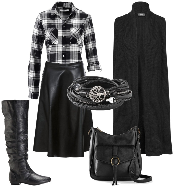 Outfit donna - La gonna in ecopelle. Stile Casual chic per Tutti i giorni. Abbinamento con camicie, stivali sopra il ginocchio, braccialetti, maglieria, gonne, borse a tracolla.
