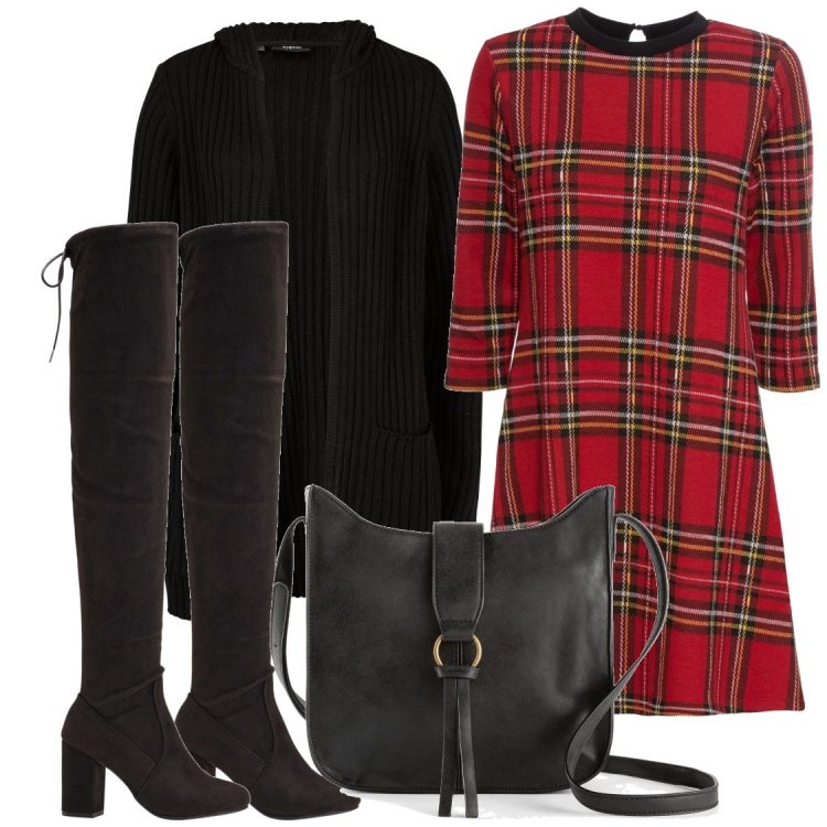 Outfit donna - Fantasia natalizia. Abbinamento con vestiti corti, cardigans, borse a tracolla, stivali sopra il ginocchio.