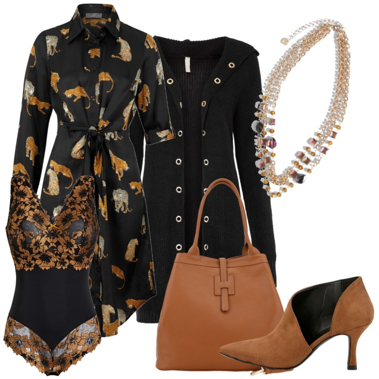 Outfit donna - Nero e bronzo. Stile Casual chic per Tutti i giorni. Abbinamento con vestiti chemisier, body, cardigans, borse a secchiello, stivaletti, collane.