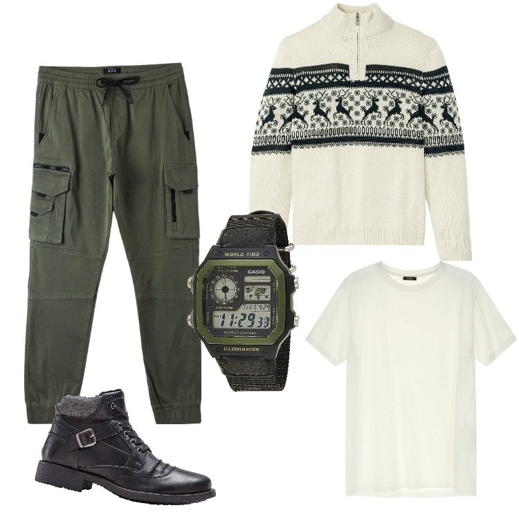 Outfit uomo - Casio for Xmas - Dicembre. Stile Trendy per Serata speciale. Abbinamento con maglieria, stivali e stivaletti, pantaloni cargo, t-shirt, orologi digitali.