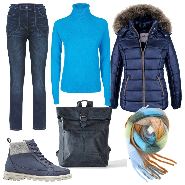 Outfit donna - Total look #1778257. Stile Casual per Tutti i giorni. Abbinamento con piumini, stivaletti, jeans dritti, zaini, maglieria, sciarpe.