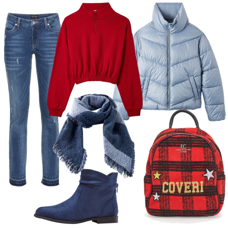 Outfit donna - Blu e rosso. Stile Casual per Tutti i giorni. Abbinamento con jeans skinny, stivaletti, sciarpe, felpe, piumini, zaini.