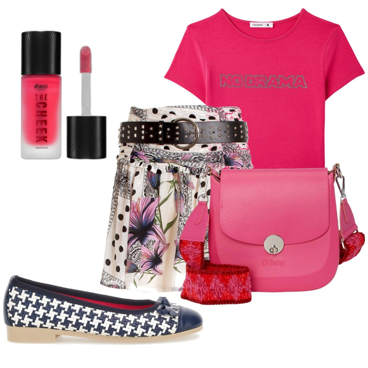 Outfit donna - Multicolore. Stile Preppy per Tutti i giorni. Abbinamento con blush, t-shirt, gonne, ballerine, borse a spalla.