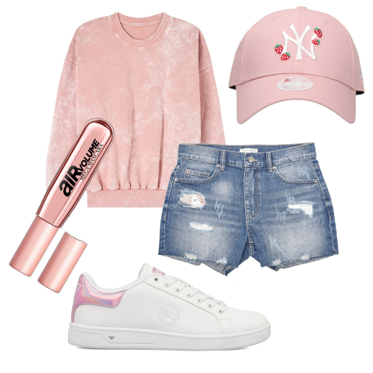 Outfit donna - Pink. Stile Romantica per Tutti i giorni. Abbinamento con mascara, felpe, pantaloni corti, sneakers, cappelli.